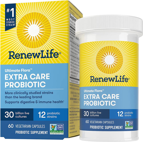 Renew Life Adult Probiotic - Ultimate Flora Extra Care Probiotic Supplement for Men and Women - Shelf Stable, Gluten, Dairy and Soy Free - 30 Billion Cfu - 60 Vegetarian Capsules