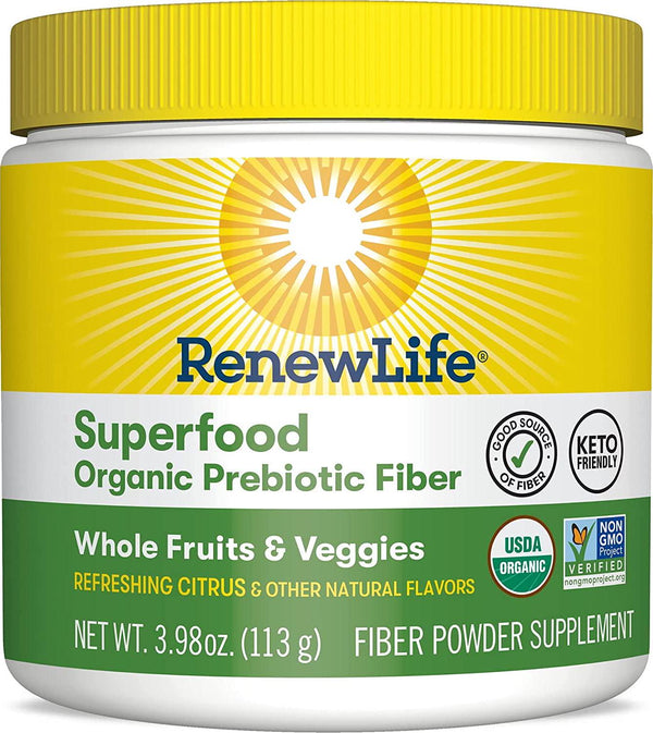 Renew Life Adult Superfood Organic Prebiotic Fiber, Fiber Powder Supplement, 3.98 oz. (Package May Vary)