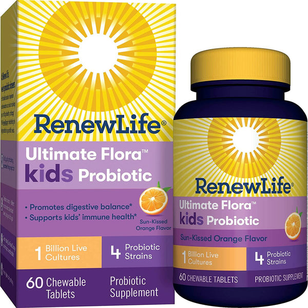 Renew Life Kids Probiotic - Ultimate Flora Kids Probiotic, Shelf Stable Probiotic Supplement - 1 Billion – 60 Chewable Tablets
