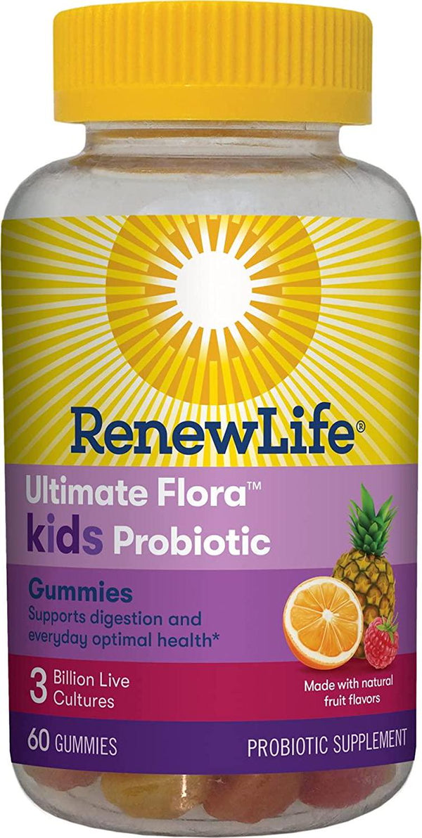 Renew Life Kids Probiotic - Ultimate Flora Kids Probiotic, Shelf Stable Probiotic Supplement - 3 Billion - Fruit Flavor, 60 Chewable Gummies (Packaging May Vary)