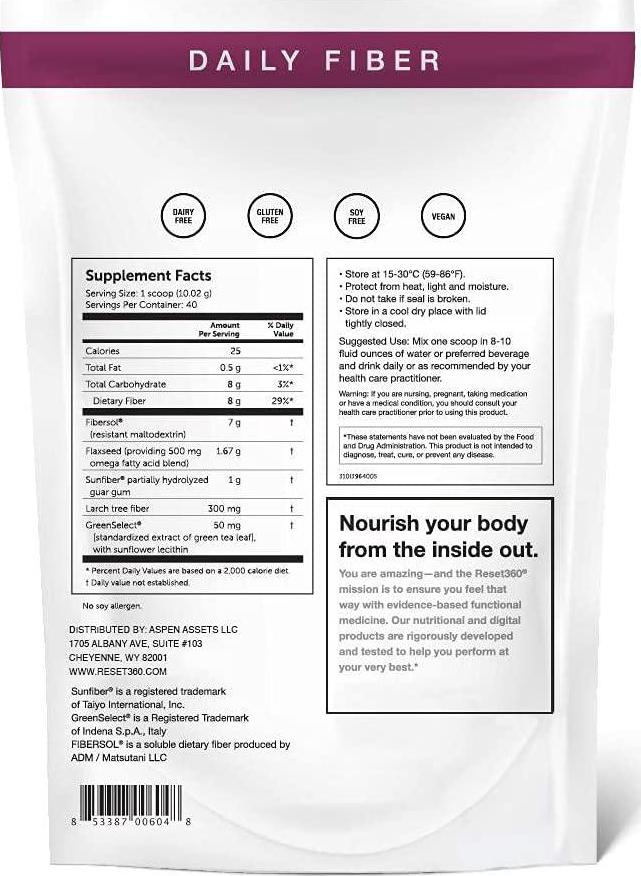 Reset360 Daily Fiber | Tasteless Dietary Fiber Supplement | Quick Dissolving and Easy Mixing Sugar Free, Gluten Free Fiber Powder for Weight Support and Gut Health, 40 Servings, 14.1 Ounces, 1 Pack