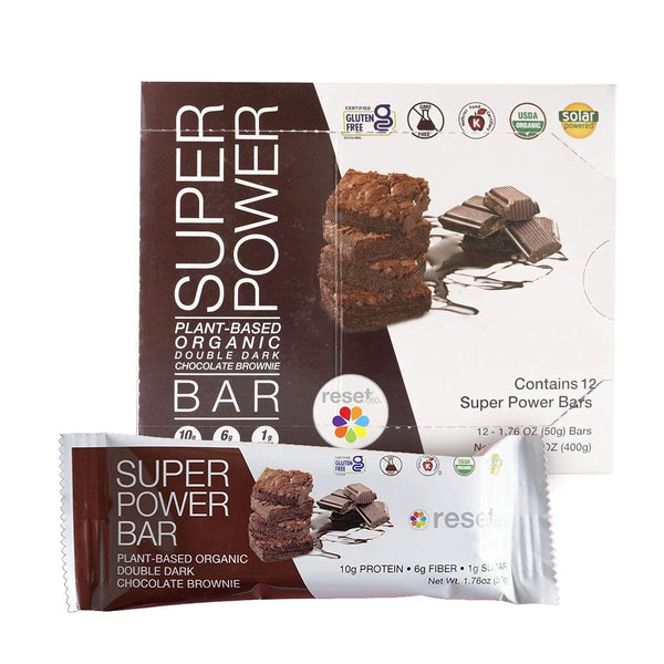 Reset360 Super Power Bar | Healthy Snack Bars, USDA Certified Organic Energy Bars, Plant Based Protein, Gluten and GMO Free Meal Replacement Bars | Double Dark Chocolate Brownie, 12 Bars per Box, 1 Pack