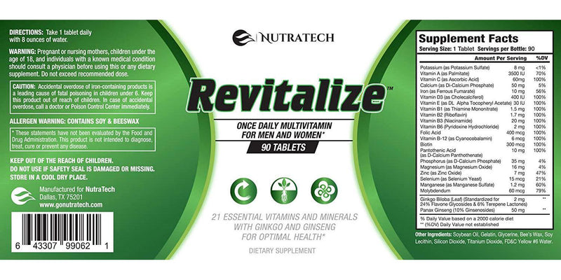 Revitalize – Powerful One A Day Whole Foods Multivitamin for Men and Women with 21 Essential Vitamins, Nutrients and Minerals for Optimal Health with Ginkgo and Ginseng.