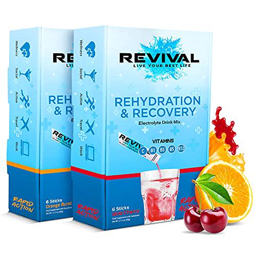 Revival Shots - Electrolyte Rehydration Powders, Hydration Packets, Hydration Powder Packets, Orange Flavor (6 Packets) and Wild Cherry Flavor (6 Packets), Electrolyte Packets Bundle