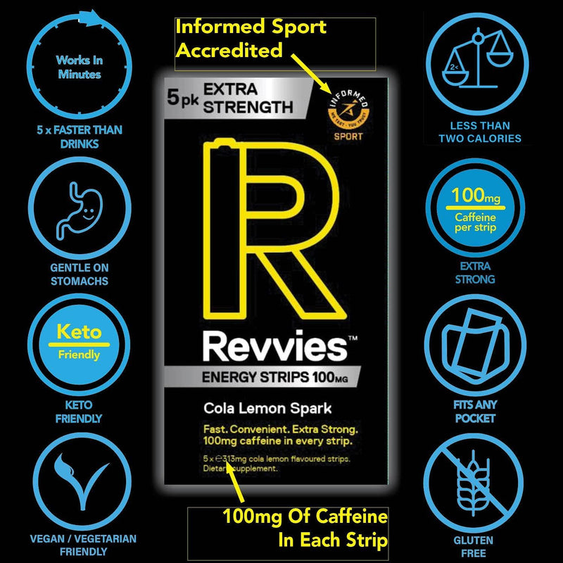 Revvies Extra Strength Energy Strips | Cola Lemon | 30 Strips | 100mg Caffeine Strip | 1 Strip = 1.25 x Energy Drink | Less Than 2 Calories | Vegan | 6 x 5PK