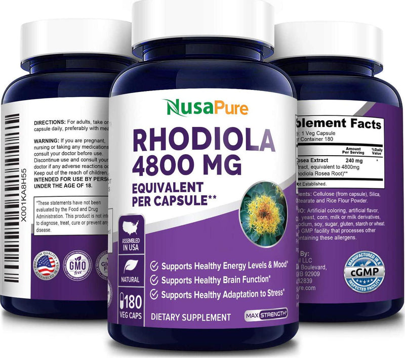 Rhodiola Rosea 4800mg 180 Veggie Capsules (Non-GMO, Extract 20:1, Vegetarian and Gluten Free) Max Strength - Improve Energy, Brain Function and Stress Relief