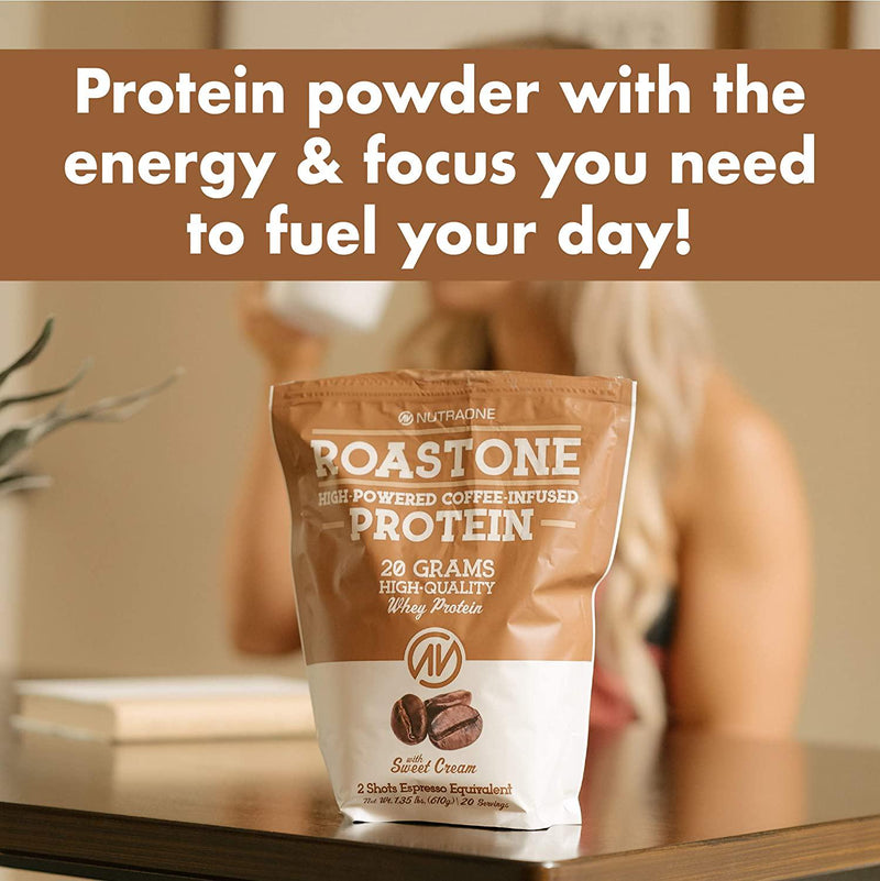 RoastOne Coffee Protein Powder by NutraOne Low Sugar, Coffee Infused Whey Protein Powder for Energy and Focus, 150mg Caffeine and 20g Protein (Sweet Cream 1.35 lbs.)