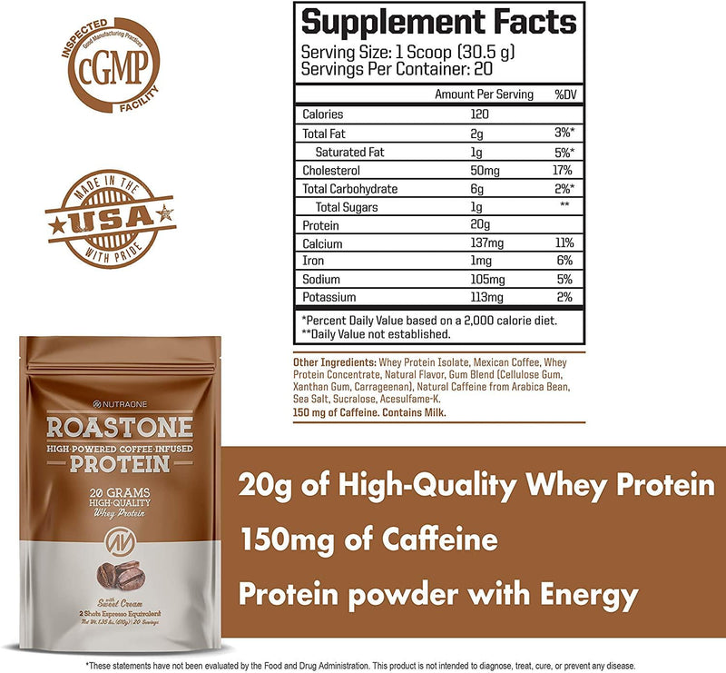 RoastOne Coffee Protein Powder by NutraOne Low Sugar, Coffee Infused Whey Protein Powder for Energy and Focus, 150mg Caffeine and 20g Protein (Sweet Cream 1.35 lbs.)