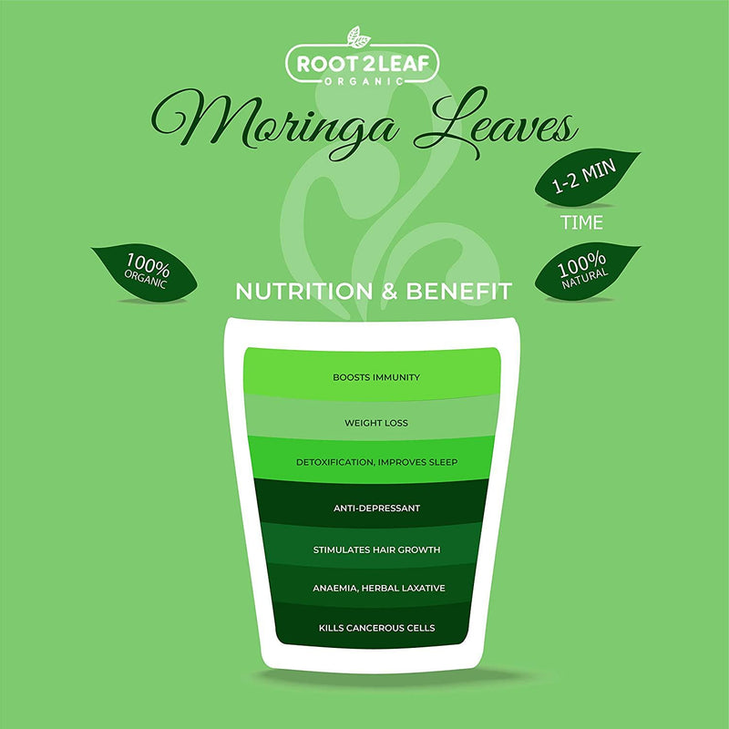 Root2Leaf Organic Moringa (Oleifera) Leaves Powder Raw Superfood For Immune Vitamin and Minerals and Green Drinks, Smoothie and Cookie (227 Gms)