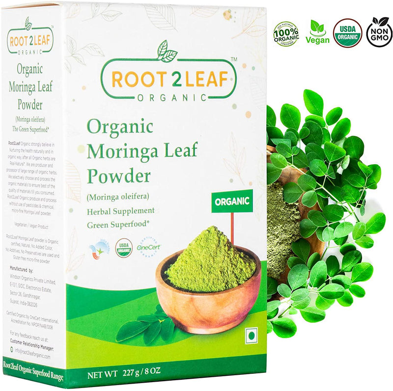 Root2Leaf Organic Moringa (Oleifera) Leaves Powder Raw Superfood For Immune Vitamin and Minerals and Green Drinks, Smoothie and Cookie (227 Gms)