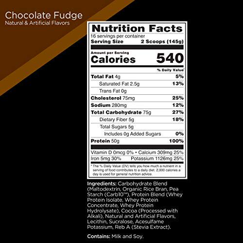 Rule One Proteins, R1 Gain - Chocolate Fudge, High-Protein Lean Gain Formula with 50g All-Whey Protein (Primarily Isolate), Over 500 Calories, 75g Carbs, Under 6g of Fat, 5 Pounds, 16 Servings
