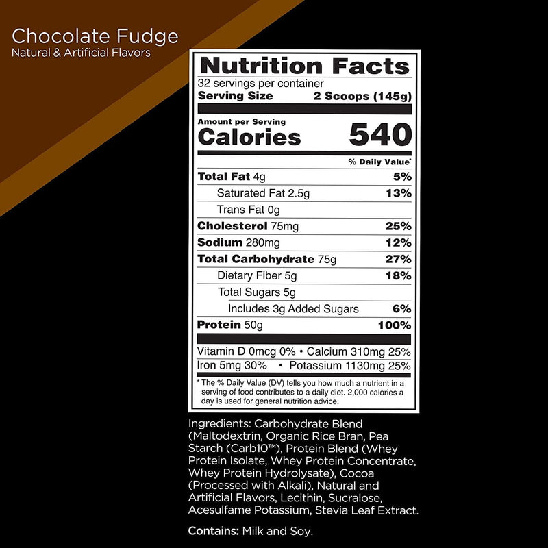 Rule One Proteins, R1 Gain - Chocolate Fudge, High-Protein Lean Gain Formula with 50g All-Whey Protein (Primarily Isolate), Over 500 Calories, 75g Carbs, Under 6g of Fat, 10 Pounds, 32 Servings