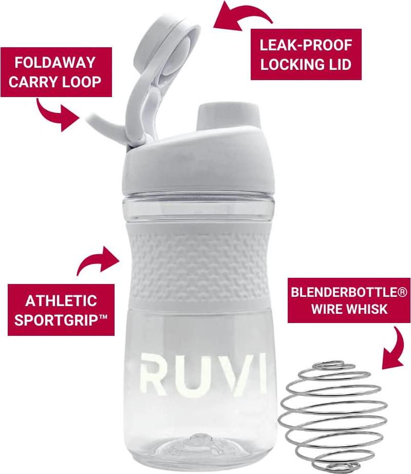 Ruvi Shaker Bottle | Perfect for Blended Smoothies, Protein Powder Shakes and Mixes | Workout Container with Athletic SportGrip | No-Spill, Twistable Cap | 20 oz, Clear