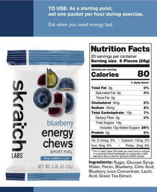 SKRATCH LABS Energy Chews Sport Fuel, Blueberry with Caffeine (10 pack) - Energy Chews for Exercise, Endurance and Performance - Gluten Free, Dairy Free, Vegan