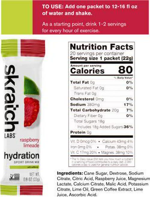 SKRATCH LABS Hydration Packets- Hydration Sport Drink Mix, Raspberry Limeade with Caffeine (20ct)- Electrolyte Powder Developed for Athletes and Sports Performance, Gluten Free, Vegan, Kosher