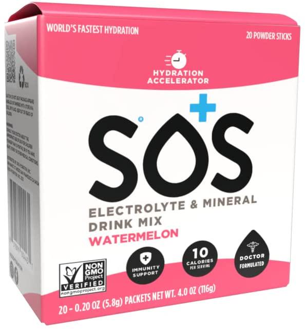 SOS Hydration Electrolyte Powder Packets, Low-Sugar, Immunity Support Hydration Replenishment Drink Mix, Watermelon Flavor, 20 Sticks (Package May Vary)