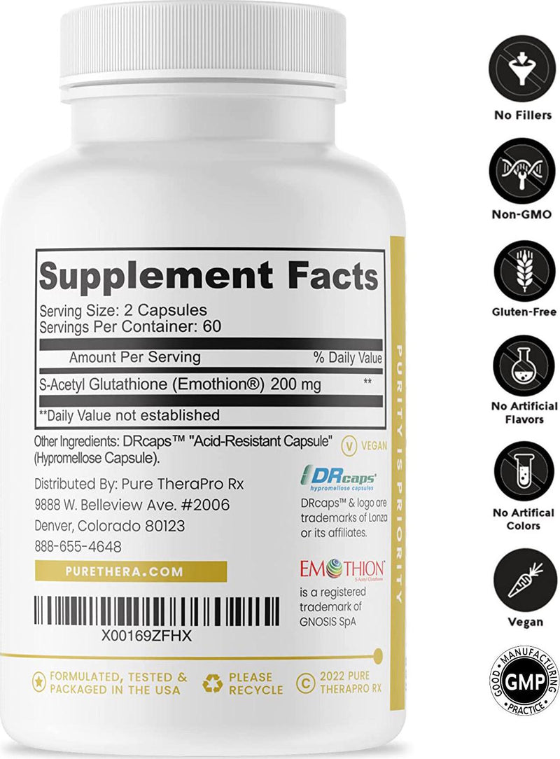 S-Acetyl Glutathione GOLD - 120 DRcaps Acid-Resistant | 100mg Per Capsule | Patented Acetylated Form of Glutathione (Emothion) | 2-4 Month Supply | ZERO Fillers / Flow Agents | Pharmaceutical Grade
