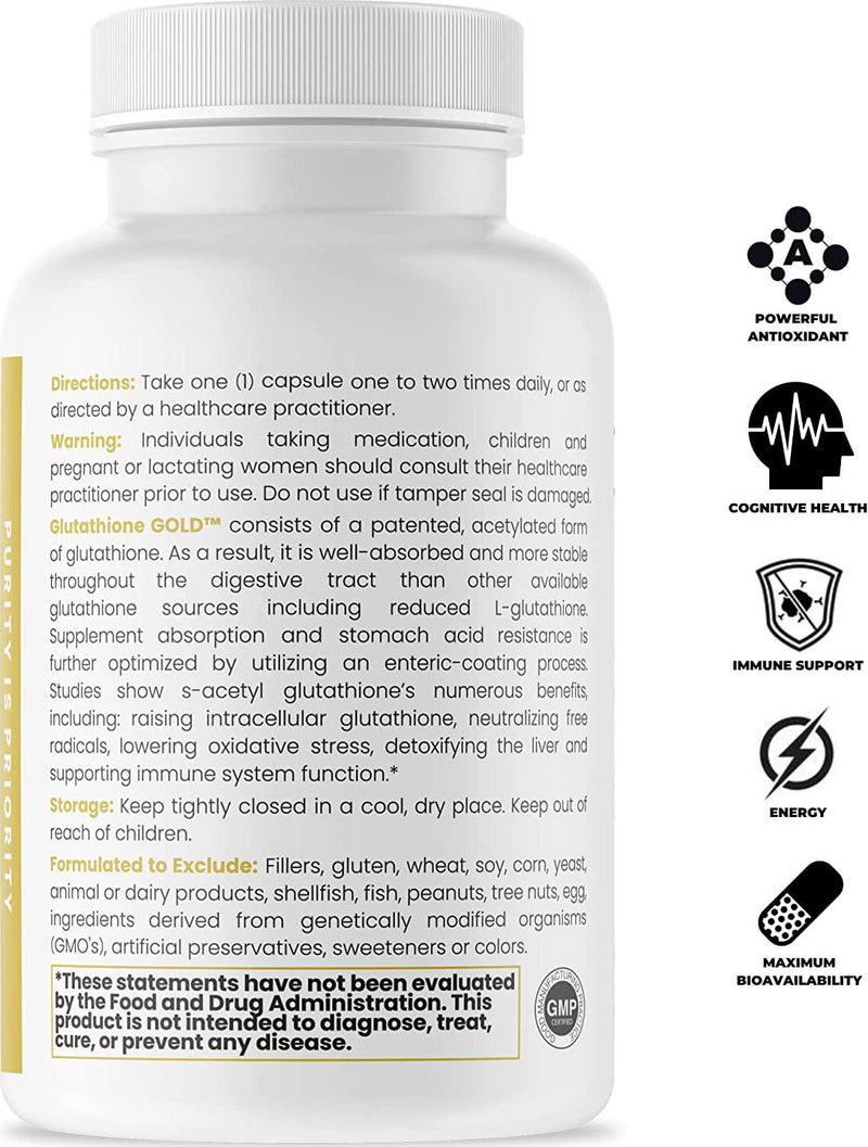 S-Acetyl Glutathione Gold - 60 DRcaps Acid-Resistant | 200mg Per Capsule | Patented Acetylated Form of Glutathione (EmothionÂ ) | 2 Month Supply | Zero Fillers / Flow Agents | Pharmaceutical Grade
