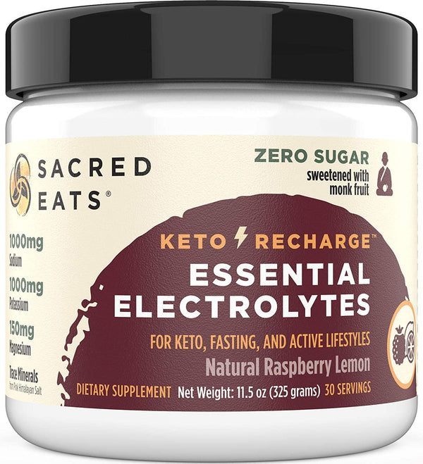 Sacred Eats Keto Electrolyte Powder and Hydration Supplement | 1000mg Potassium and Sodium, 150mg Magnesium | No Sugar and Stevia, Sweetened with Monk Fruit Only | Natural Raspberry Lemon (30 Servings)