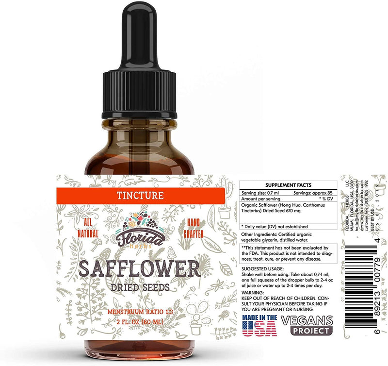 Safflower Tincture, Organic Safflower Extract (Hong Hua, Carthamus Tinctorius) Herbal Supplement, Non-GMO in Cold-Pressed Organic Vegetable Glycerin, 700 mg, 2 oz (60 ml)
