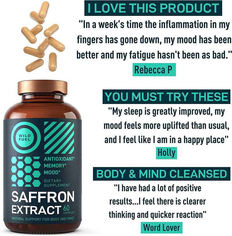 Saffron Extract Supplement Vegan Capsules - Wild Fuel Maximum Potency Antioxidant Support for Body and Mind - 88.5mg Saffron Standardized to 0.3% Safranal Saffron Supplements - 60 Capsules