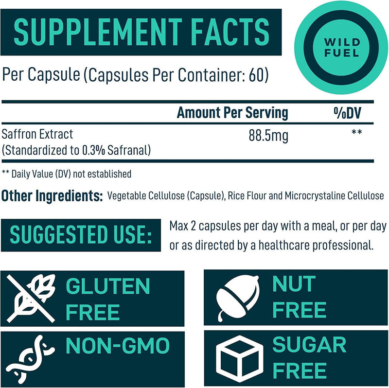Saffron Extract Supplement Vegan Capsules - Wild Fuel Maximum Potency Antioxidant Support for Body and Mind - 88.5mg Saffron Standardized to 0.3% Safranal Saffron Supplements - 60 Capsules