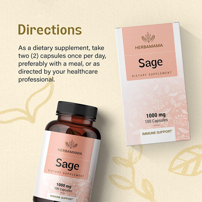 Sage 100 Capsules 500 mg | Filled with Organic Sage Leaf | Gut Health and Digestive Function | Brain Function | Non-GMO