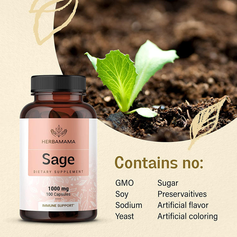 Sage 100 Capsules 500 mg | Filled with Organic Sage Leaf | Gut Health and Digestive Function | Brain Function | Non-GMO