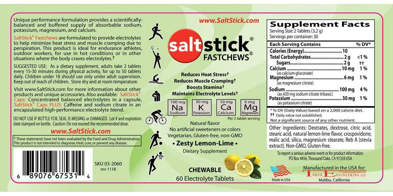 SaltStick Fastchews 60 Count Electrolyte Replacement Zesty Lemon Lime 2 Pack (120 Total Tablets)