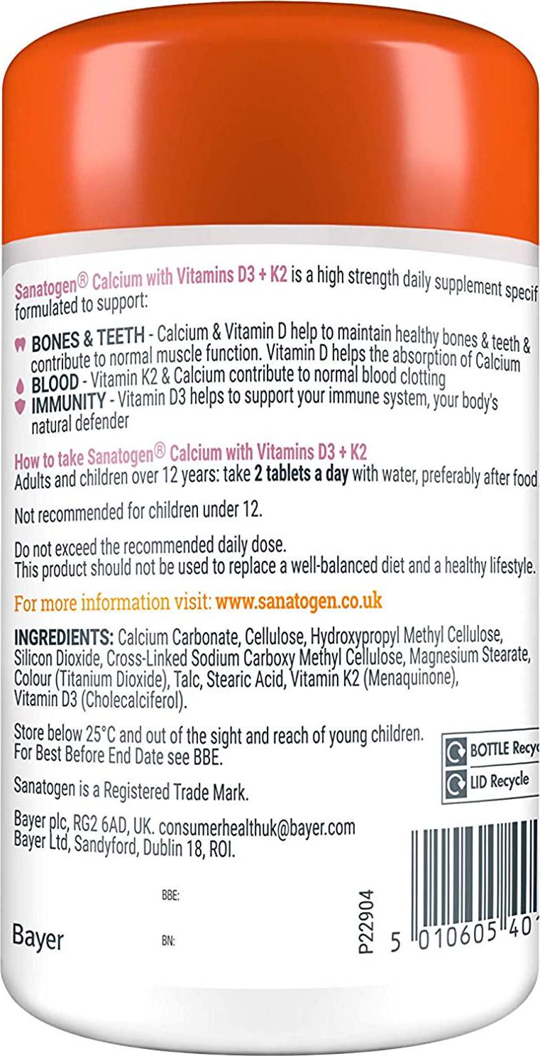 Sanatogen Calcium with Vitamin D3 and K2 High Strength Supplement Tablets, Calcium 400 mg, 180 Tablets 3 Months Supply for Men and Women