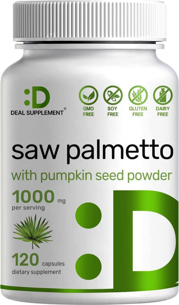 Saw Palmetto Supplement 1000mg with Pumpkin Seed Powder, Advanced Prostate Supplement, Healthy Urination Frequency, DHT Blocker - Prevent Hair Loss