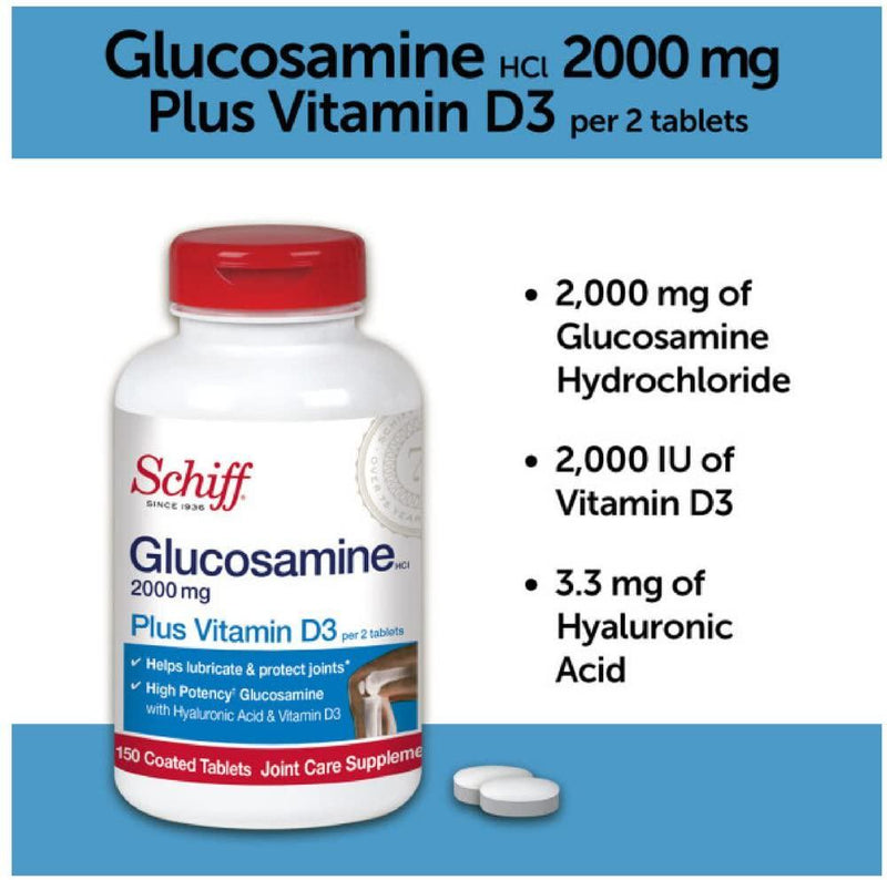 Schiff Glucosamine 2000mg with Vitamin D3 and Hyaluronic Acid, 150 tablets - Joint Supplement