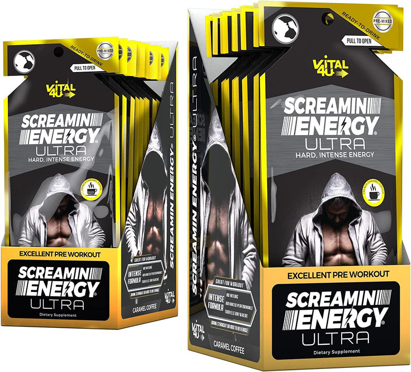 Screamin Energy Ultra, Pre-Workout Energy Shot with Caffeine, L-Arginine AKG, Alpha GPC, and Ginseng, French Roast Caramel Coffee Flavor, 24 Count