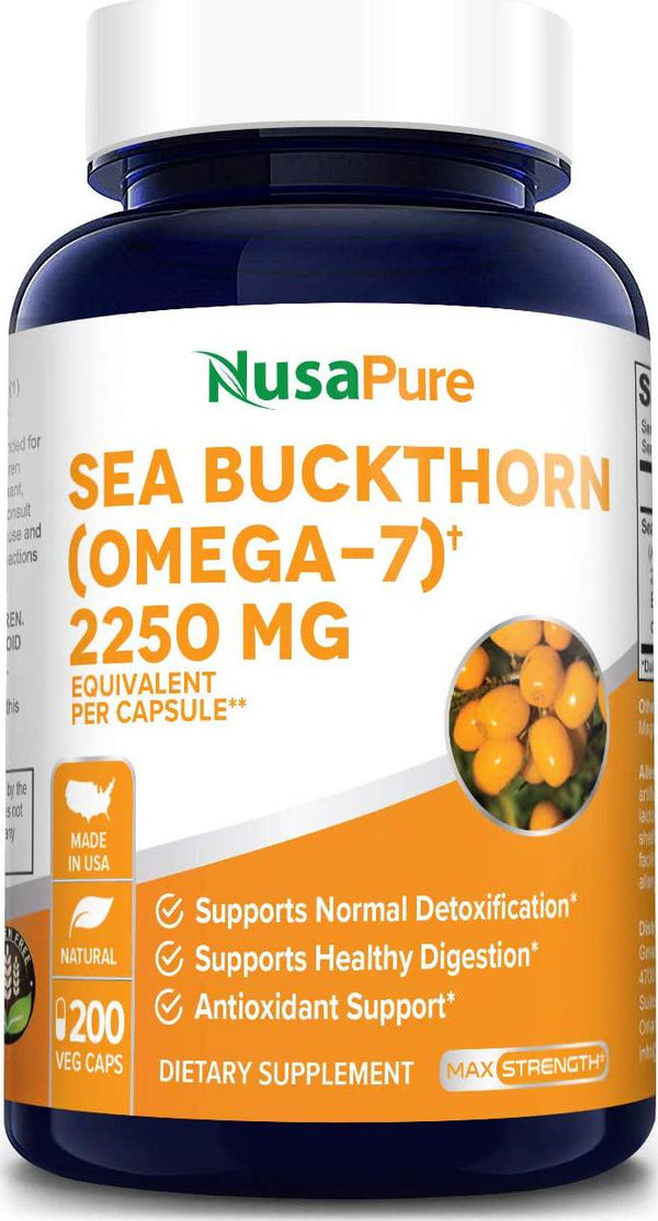 Sea Buckthorn (Omega 7) 2250mg 200 Veggie Powder Caps - Extract 5:1, Non-GMO and Gluten Free - No Fish Burp, Omega-7 Palmitoleic Acid, Weight Loss