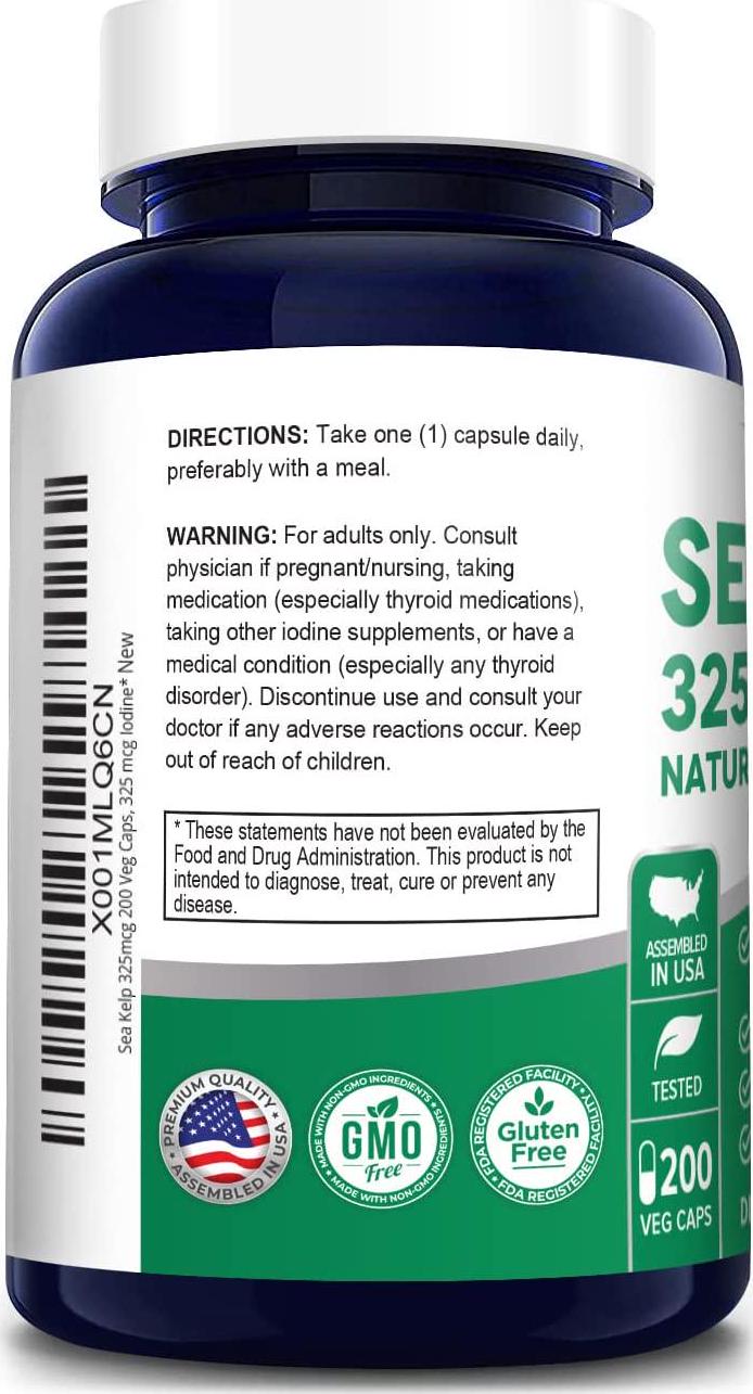 Sea Kelp 325mcg 200 Veggie Capsules ( NON-GMO and Gluten Free,made with organic kelp) - For Weight Loss, Thyroid Support, Helps With Hair And Nail Health, Anti-Aging and Boosts Vitamin A, B, C, D, E and K
