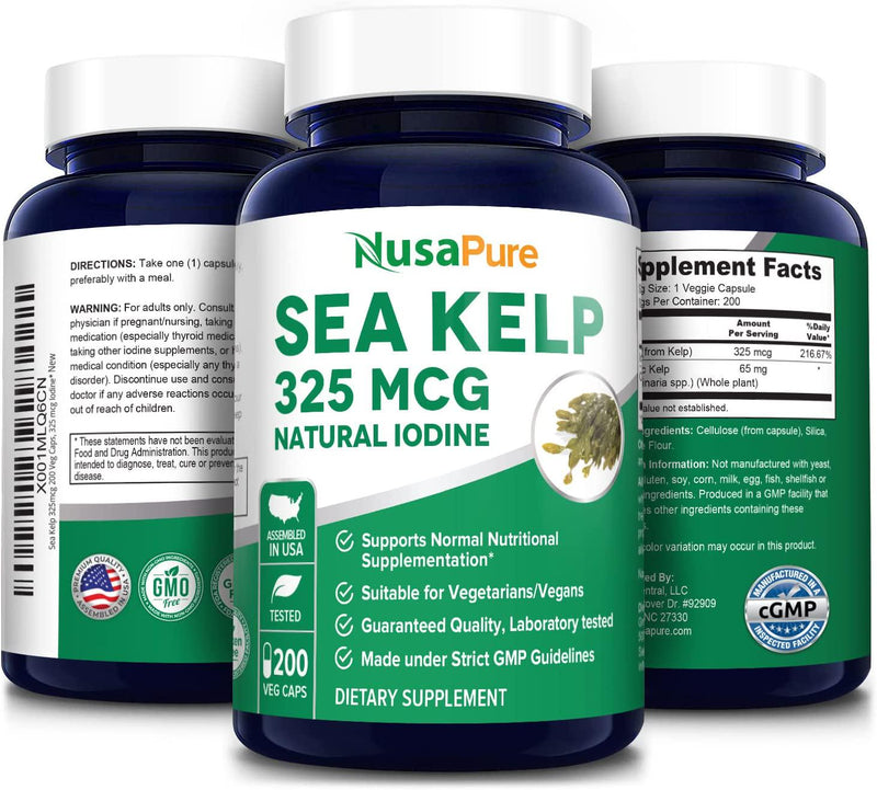 Sea Kelp 325mcg 200 Veggie Capsules ( NON-GMO and Gluten Free,made with organic kelp) - For Weight Loss, Thyroid Support, Helps With Hair And Nail Health, Anti-Aging and Boosts Vitamin A, B, C, D, E and K