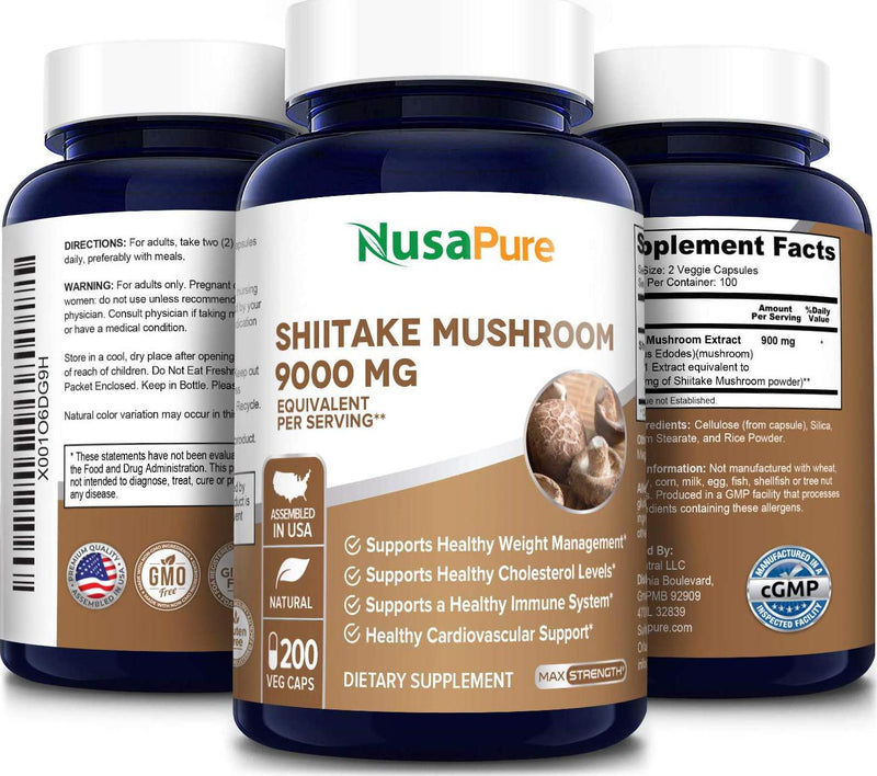 Shiitake Mushroom Extract 9000mg 200 Veggie Capsules (Non-GMO and Gluten-Free) Support for Healthy Weight and Cholesterol Levels in Already Normal Range*. Support for Healthy Immune System*