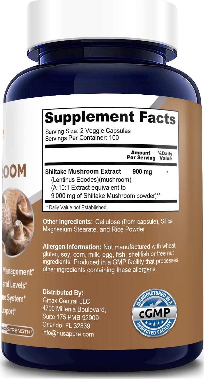 Shiitake Mushroom Extract 9000mg 200 Veggie Capsules (Non-GMO and Gluten-Free) Support for Healthy Weight and Cholesterol Levels in Already Normal Range*. Support for Healthy Immune System*
