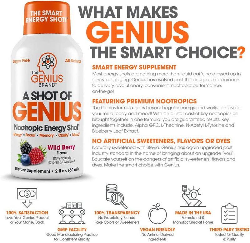 Shot of Genius - Nootropic Energy Shots | The Smart Energy Drink for Men and Women w/ Alpha GPC and Blueberry Extract | Extra Strength Brain Boost Supplement | Spark Focus and Support Mood - Sugar Free -6ct