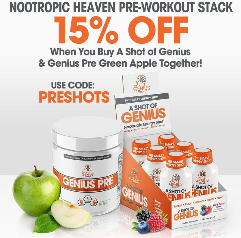Shot of Genius - Nootropic Energy Shots | The Smart Energy Drink for Men and Women w/ Alpha GPC and Blueberry Extract | Extra Strength Brain Boost Supplement | Spark Focus and Support Mood - Sugar Free -6ct
