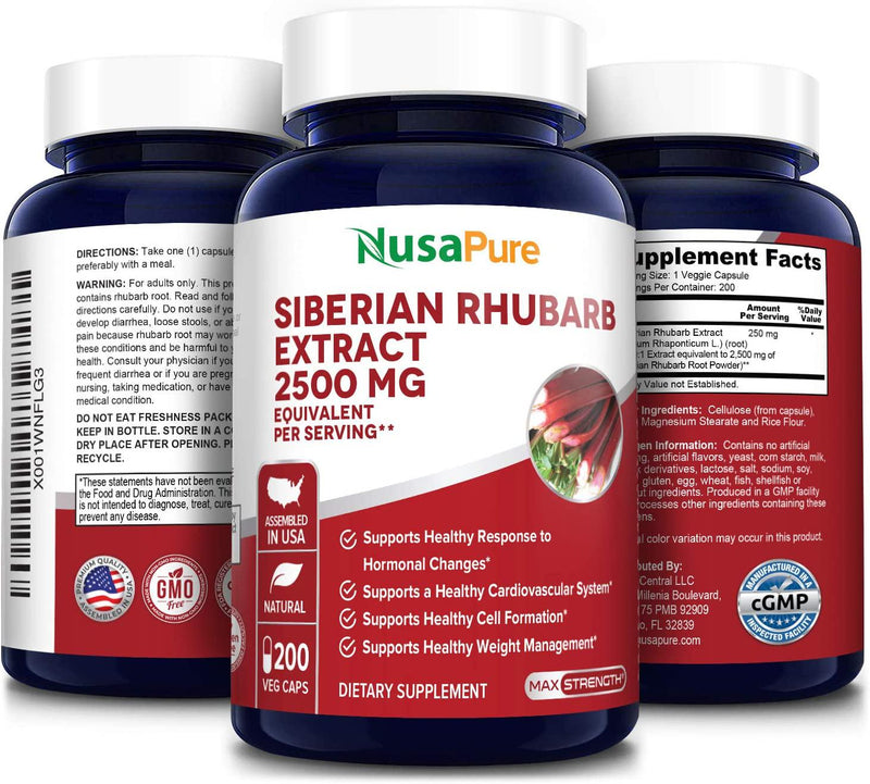 Siberian Rhubarb 10:1 Extract 2500mg - 200 Veggie Capsules (Vegetarian, Non-GMO and Gluten-Free)