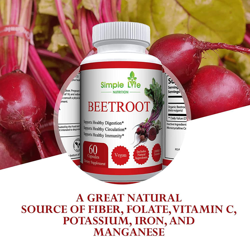 Simple Life Nutrition Organic Beet Root Powder Capsules - Nitric Oxide Booster for Men and Women - Organic Non-GMO Gluten Free Vegan Beets - Blood Pressure Immunity Digestive System Support - 60CT