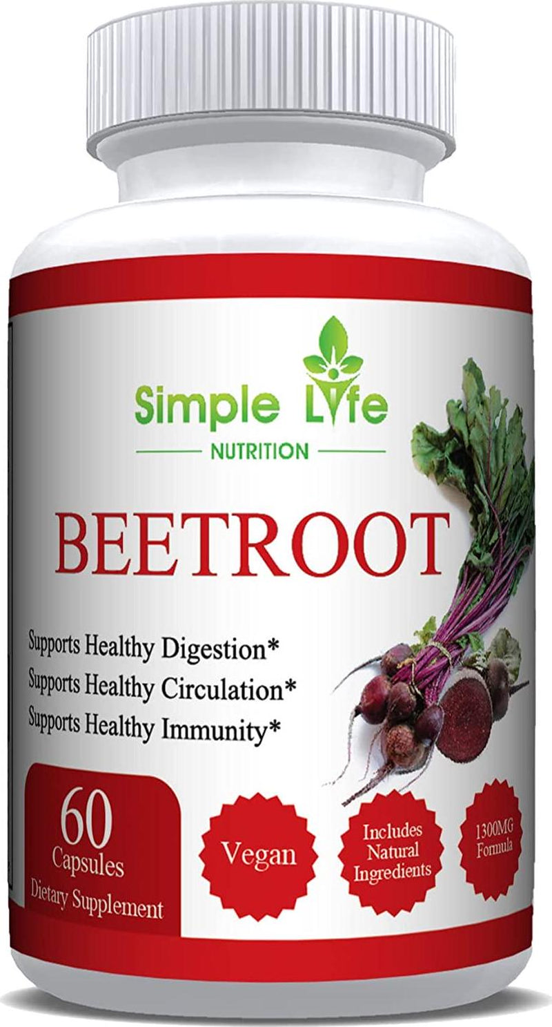 Simple Life Nutrition Organic Beet Root Powder Capsules - Nitric Oxide Booster for Men and Women - Organic Non-GMO Gluten Free Vegan Beets - Blood Pressure Immunity Digestive System Support - 60CT
