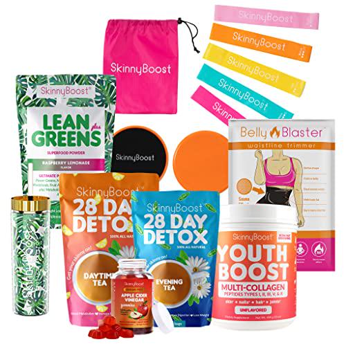 Skinny Boost Let's Go Bundle-Daytime Tea, Evening Tea, ACV Gummies, Youth Boost Multi-Collagen Powder, Lean Greens Plus, Belly Blaster, Disc and Band Workout, Plus Palm Tumbler