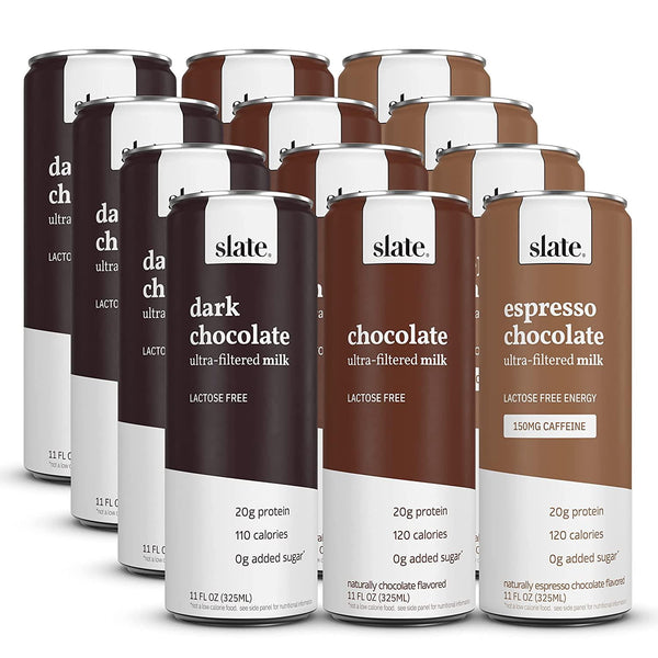 Slate Milk - High Protein Shake, Variety Pack, Classic Chocolate, Dark Chocolate, Mocha Latte, 20g Protein, 0g Added Sugar, Lactose Free, Keto, All Natural (11 oz, 12-Pack)