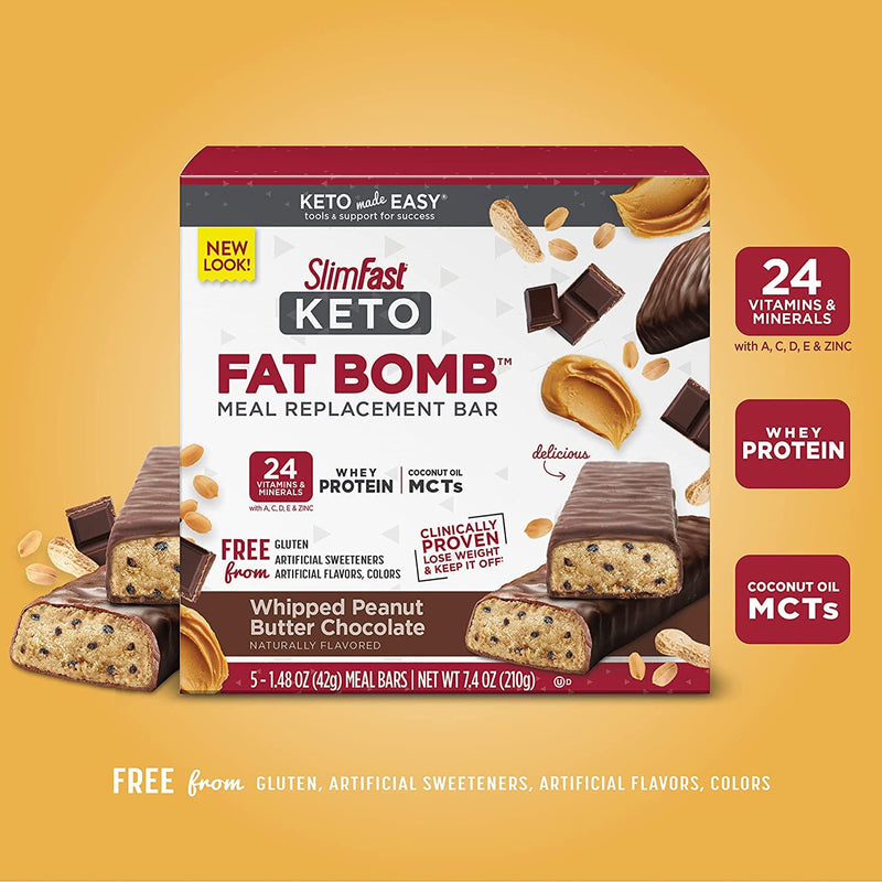 SlimFast Keto Fat Bomb Meal Replacement Whey Protein Bar, Whipped Peanut Butter Chocolate, Low Carb with 7g Protein, 5 Count (Pack of 1)