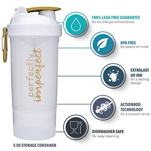 Smartshake Shaker Bottle with Motivational Quotes | 27 Ounce Protein Shaker Cup | Attachable Container Storage for Protein or Supplements | Perfect Fitness Gift | Perfectly Imperfect - White