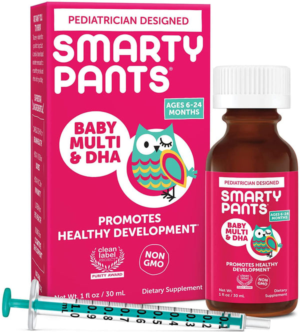 SmartyPants Baby Multi and DHA Liquid Multivitamin: Vitamin C, D3, E, Gluten Free, Choline, Lutein, for Infants 6-24 Months, Immune Support, Includes Syringe, Natural Fruit Flavor (30 Day Supply)