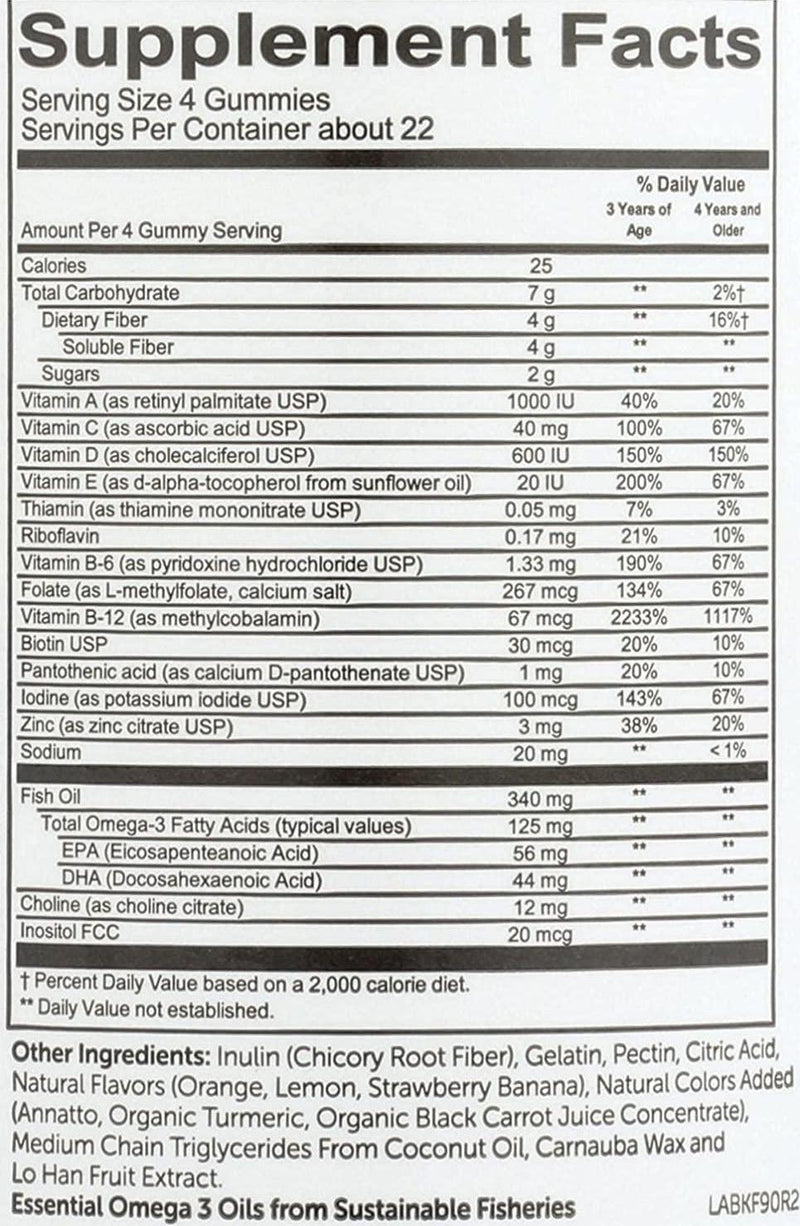 SmartyPants Kids Formula and Fiber Daily Gummy Vitamins: Gluten Free, Multivitamin and Omega 3 Fish Oil (Dha/Epa), Fiber, Methyl B12, vitamin D3, Vitamin B6, 90 Count (22 Day Supply) - Packaging May Vary