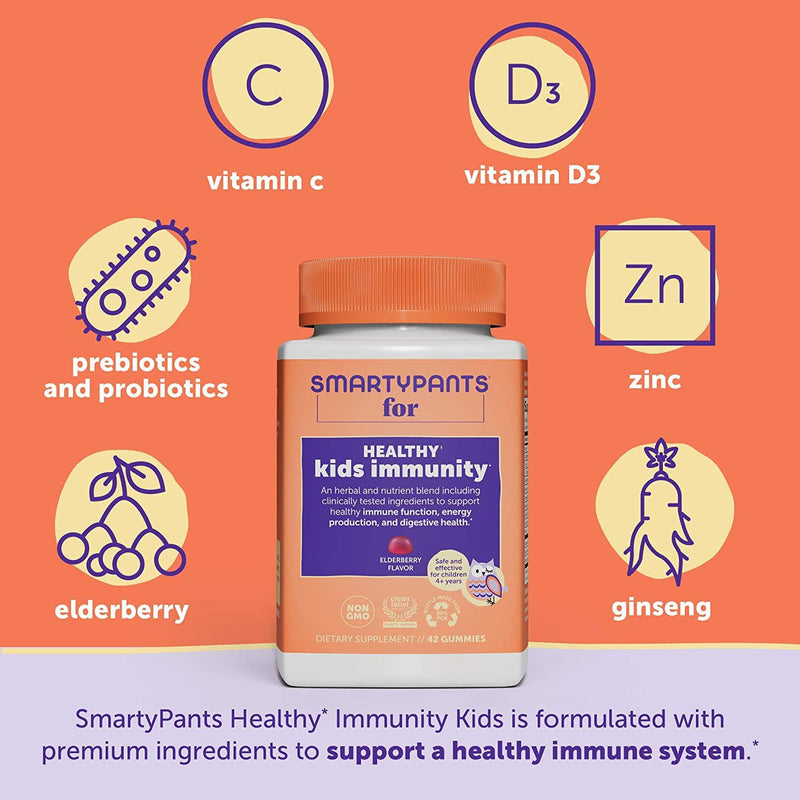 SmartyPants Kids Immunity Daily Gummy Multivitamins: Vitamins C, D, A, and Zinc for Immunity; Elderberry and Ginseng; Prebiotic; Probiotics for Digestive Health; 3 billion CFU, 42 Ct (21 Day Supply)